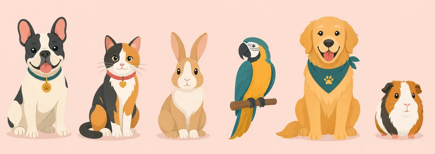 PawReset mascot family: a French Bulldog, cat, rabbit, parrot, retriever and guinea pig