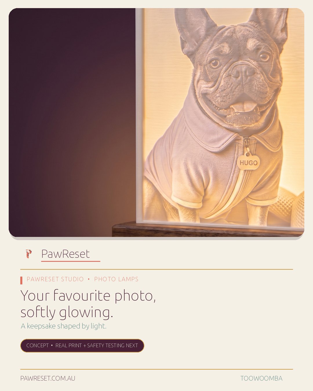 Prototype concept of a four-section 360-degree lithophane lamp showing a French Bulldog