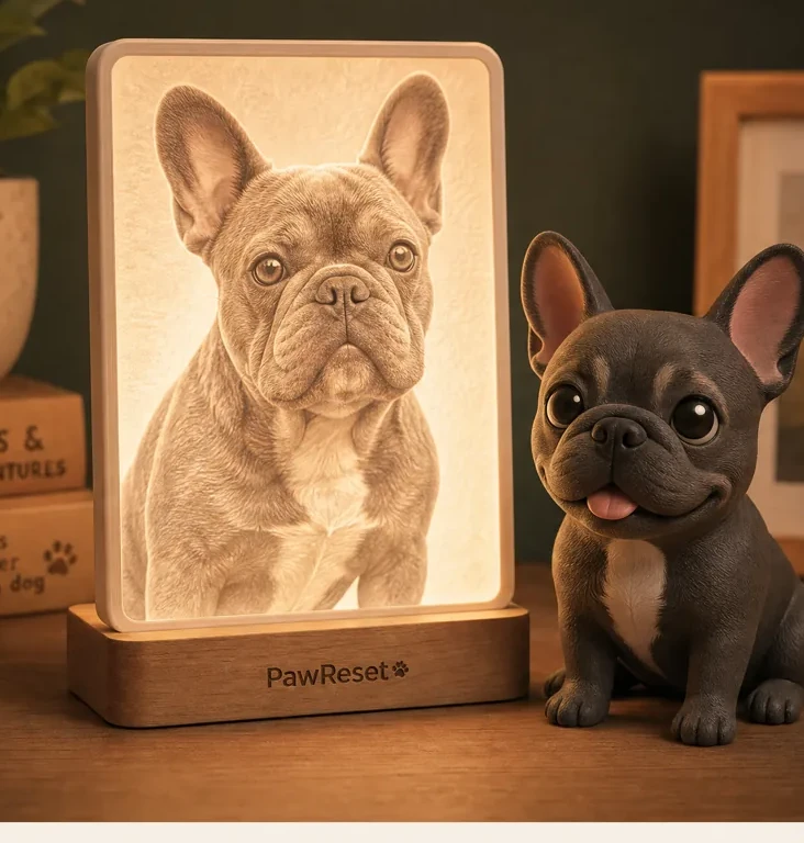 A glowing personalised photo lithophane lamp beside a custom 3D-printed dog figurine