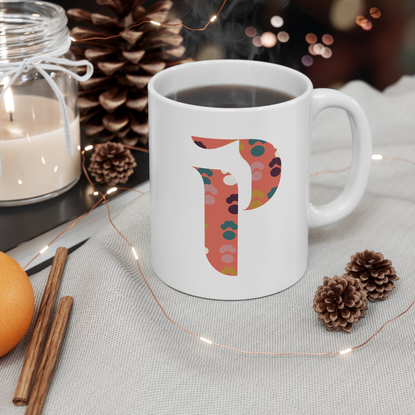 Letter P Mug — Floral Pattern Monogram Ceramic Coffee Cup, Personalized Initial Gift