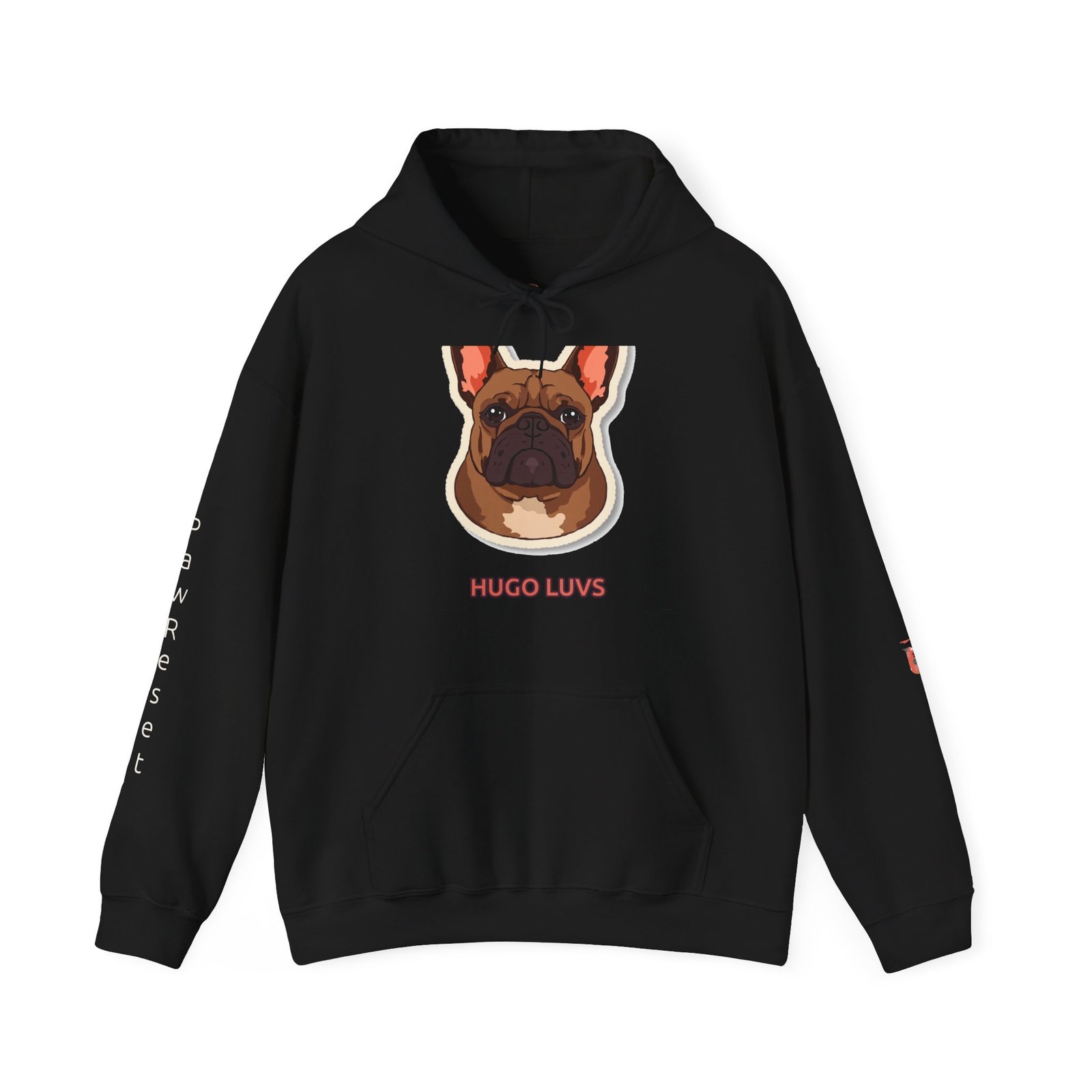 Hugo Season Hoodie — front artwork on black Gildan hoodie