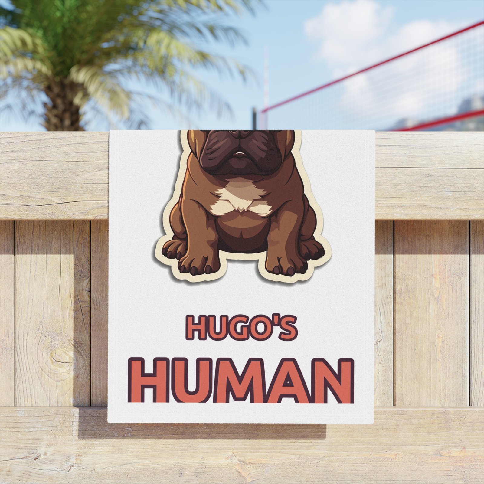 Hugo’s Human Beach Towel — outdoor hanging view