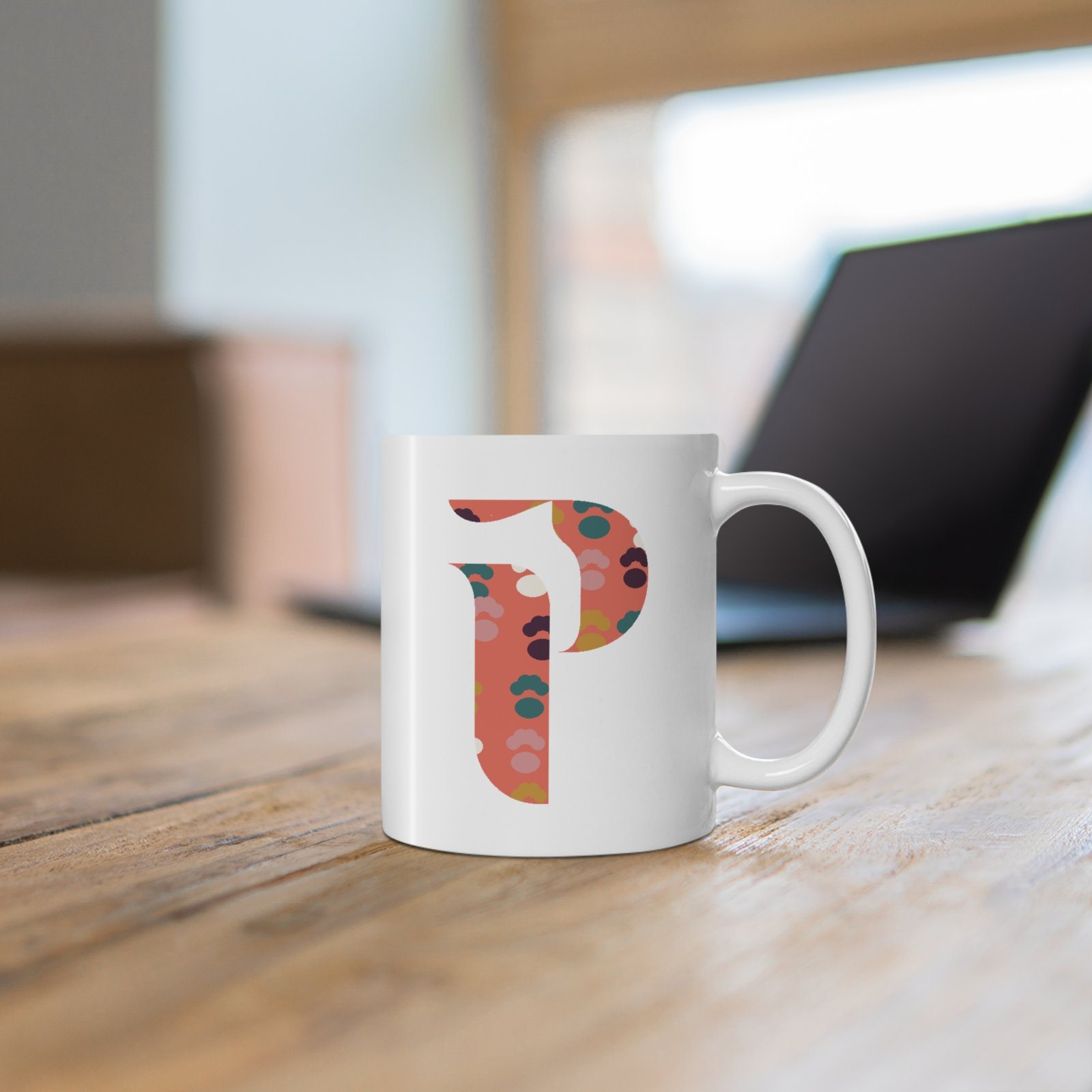 Letter P Mug — Floral Pattern Monogram Ceramic Coffee Cup, Personalized Initial Gift - Image 3