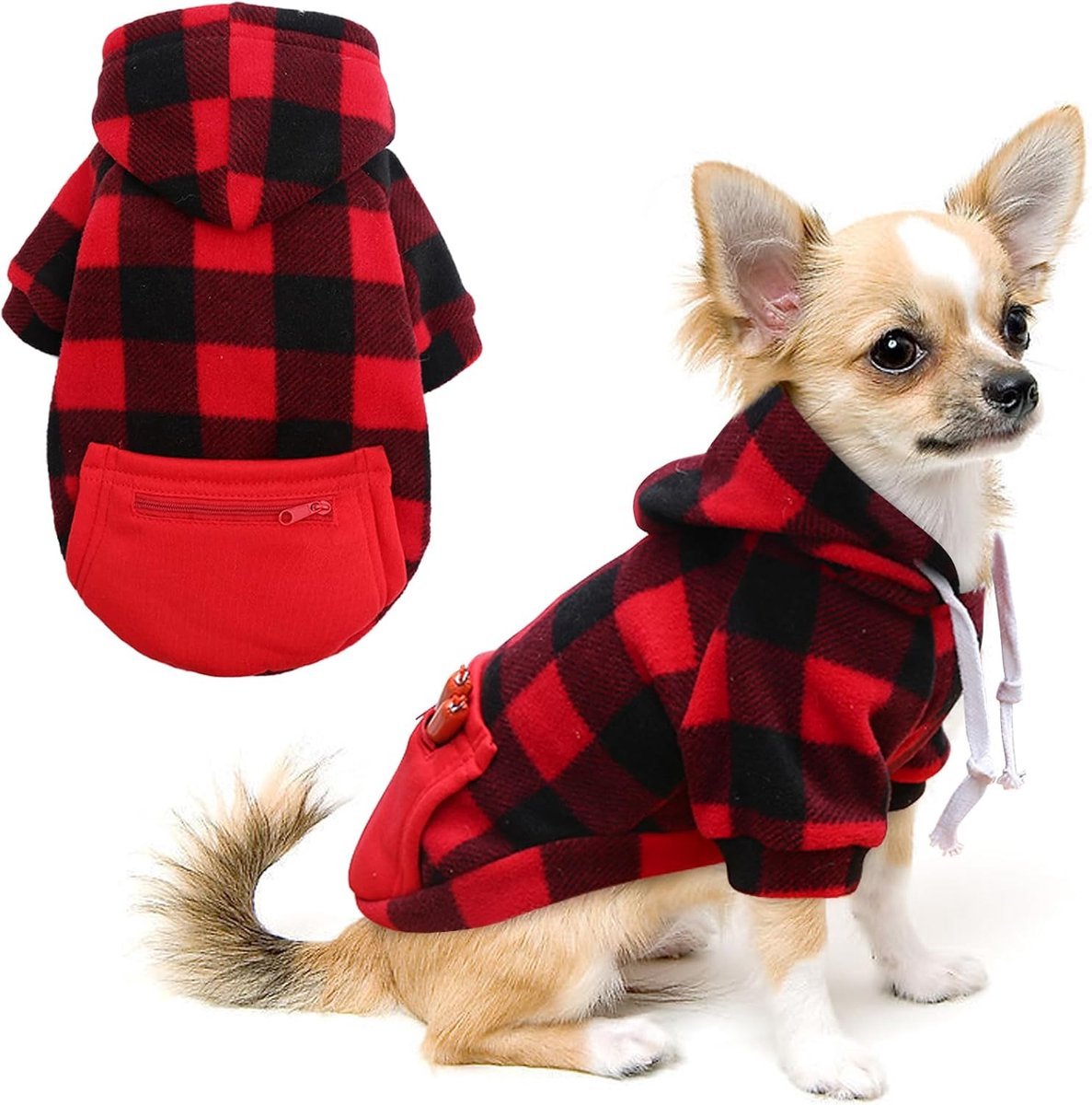 Warm Plaid Dog Sweater with Zip Pocket