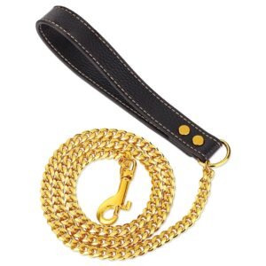 Leather Dog Lead with Stainless Steel Cuban Chain