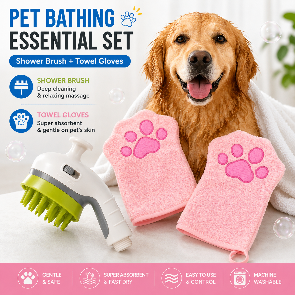 Pet Grooming & Bathing Kit with Drying Glove Towel & Shower Brush - Image 3