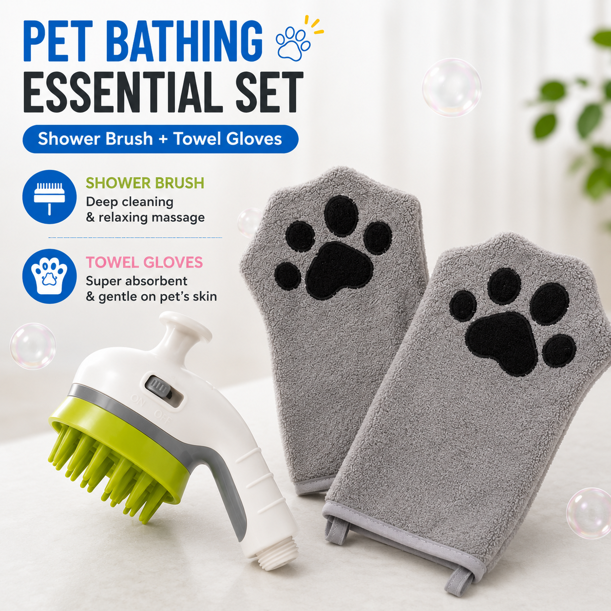 Pet Grooming & Bathing Kit with Drying Glove Towel & Shower Brush - Image 2