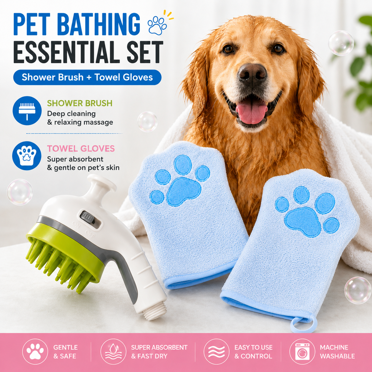 Pet Grooming & Bathing Kit with Drying Glove Towel & Shower Brush
